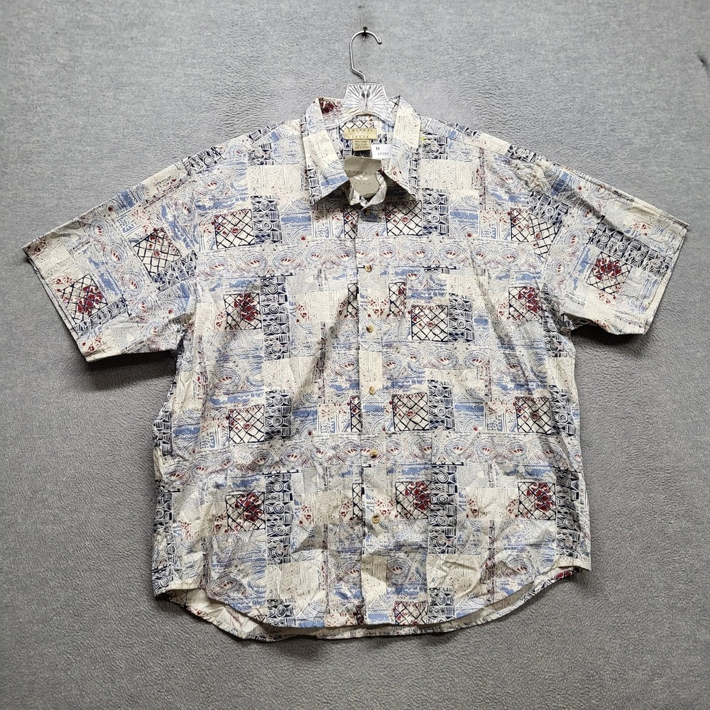 Natural Issue Men Button Up Shirt XXL Blue Geometric Short Sleeve